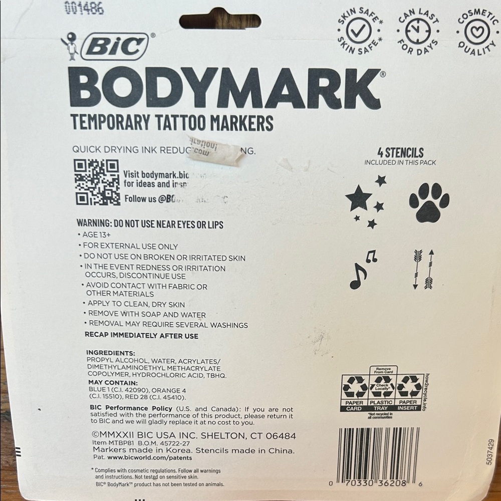 BIC BodyMark Temporary Tattoo Markers (8) with 4 stencils - Color Collection - Picture 4 of 5